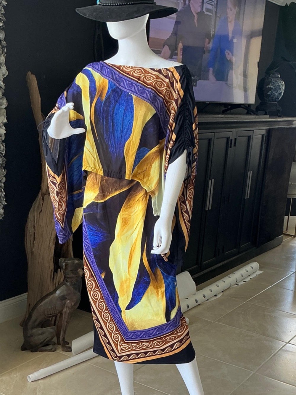Women's Abstract Floral Kaftan Dress in Blue & Yellow